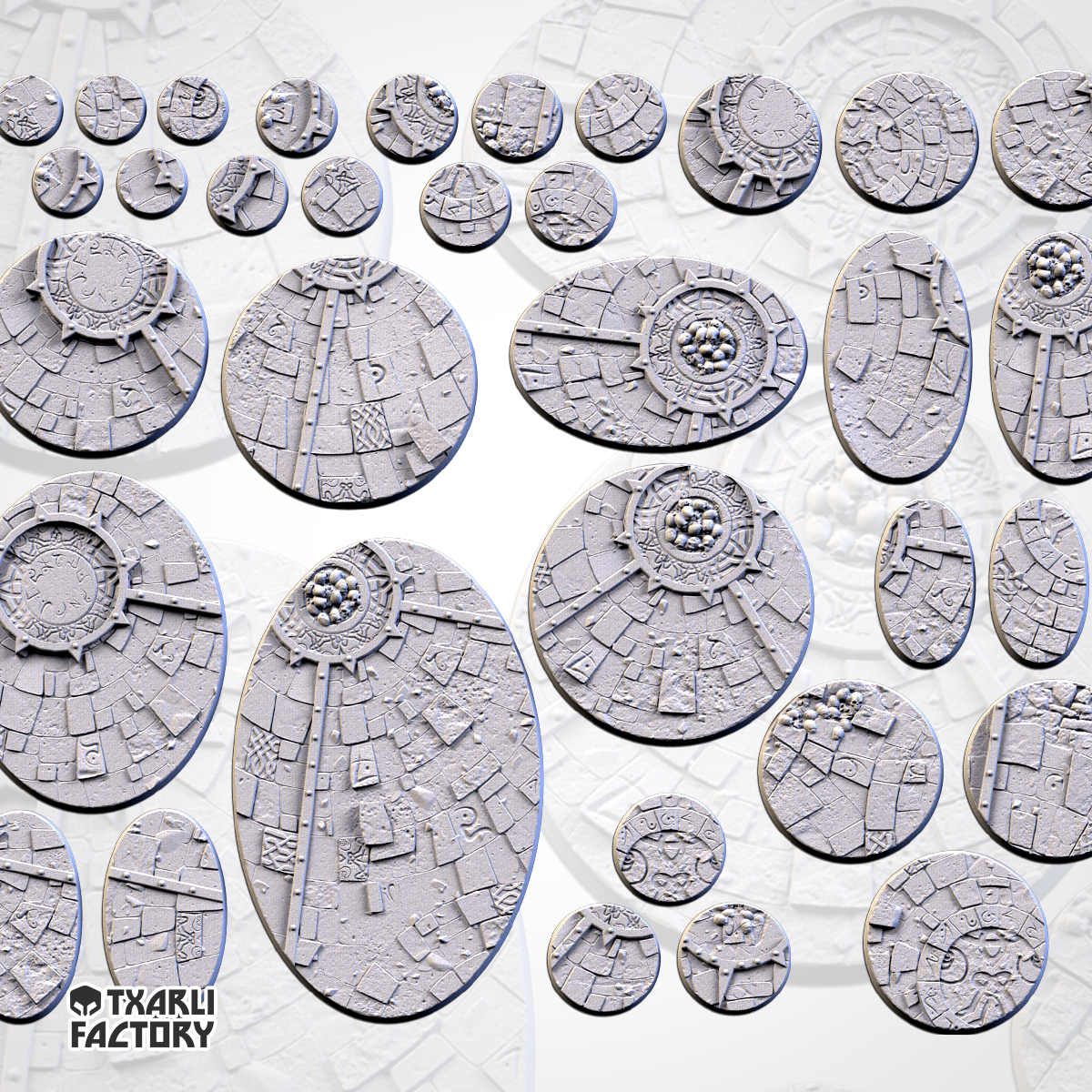 Set de Peanas Temática Sacred Temple - Diseño Txarly Factory para Wargames | Resina Alta Calidad | Redondas y Ovaladas