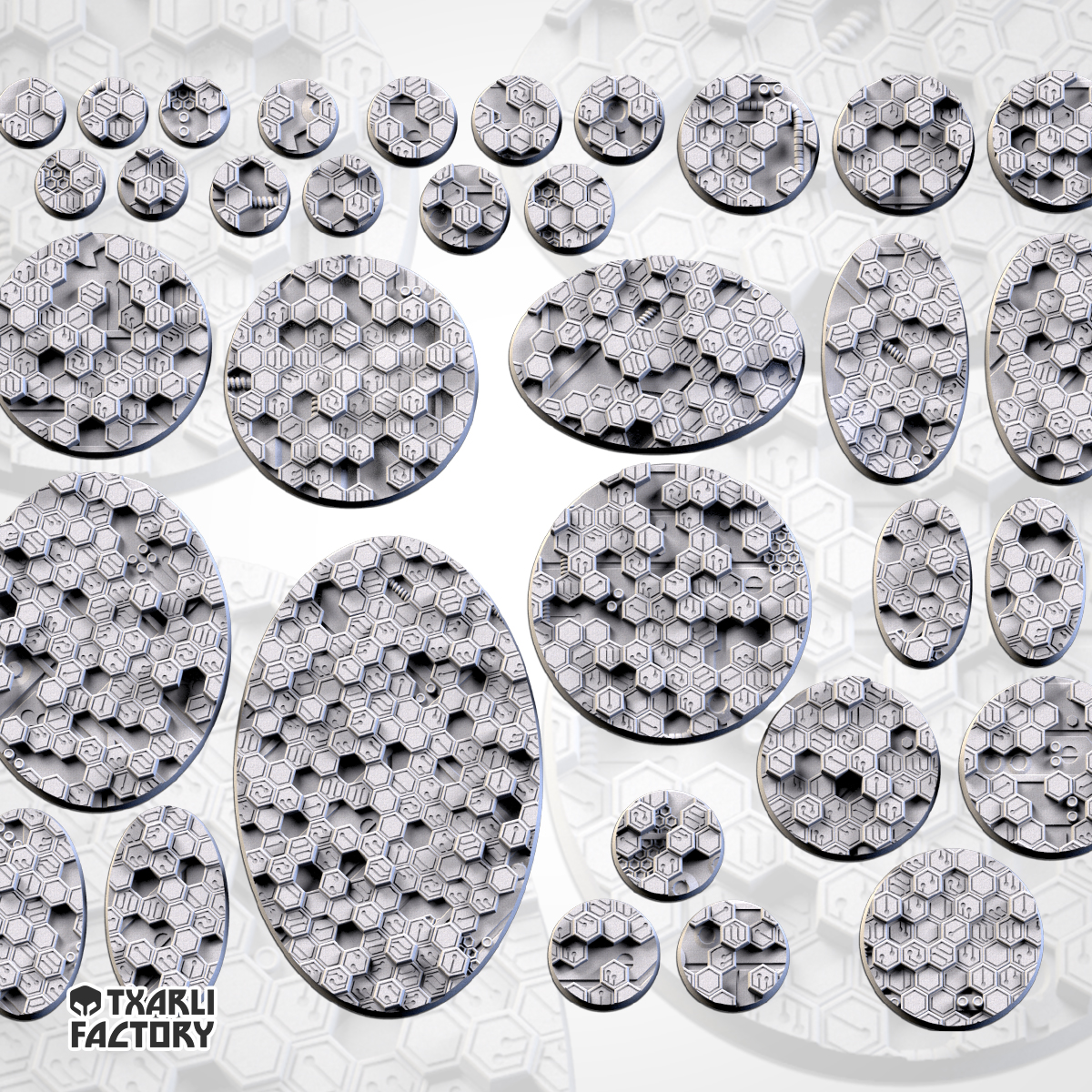 Set de Peanas Temática CyberHex - Diseño Txarly Factory para Wargames | Resina Alta Calidad | Redondas y Ovaladas